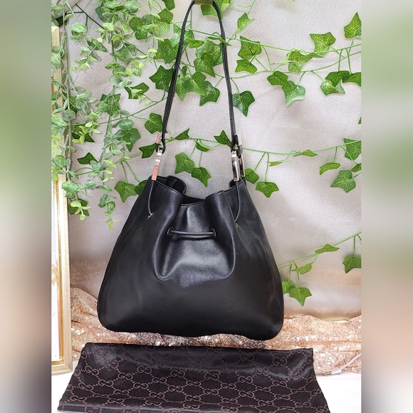 Authentic Gucci Shoulder Tote Drawstring Black Leather Bag W/ Dust Bag - Picture 3 of 17